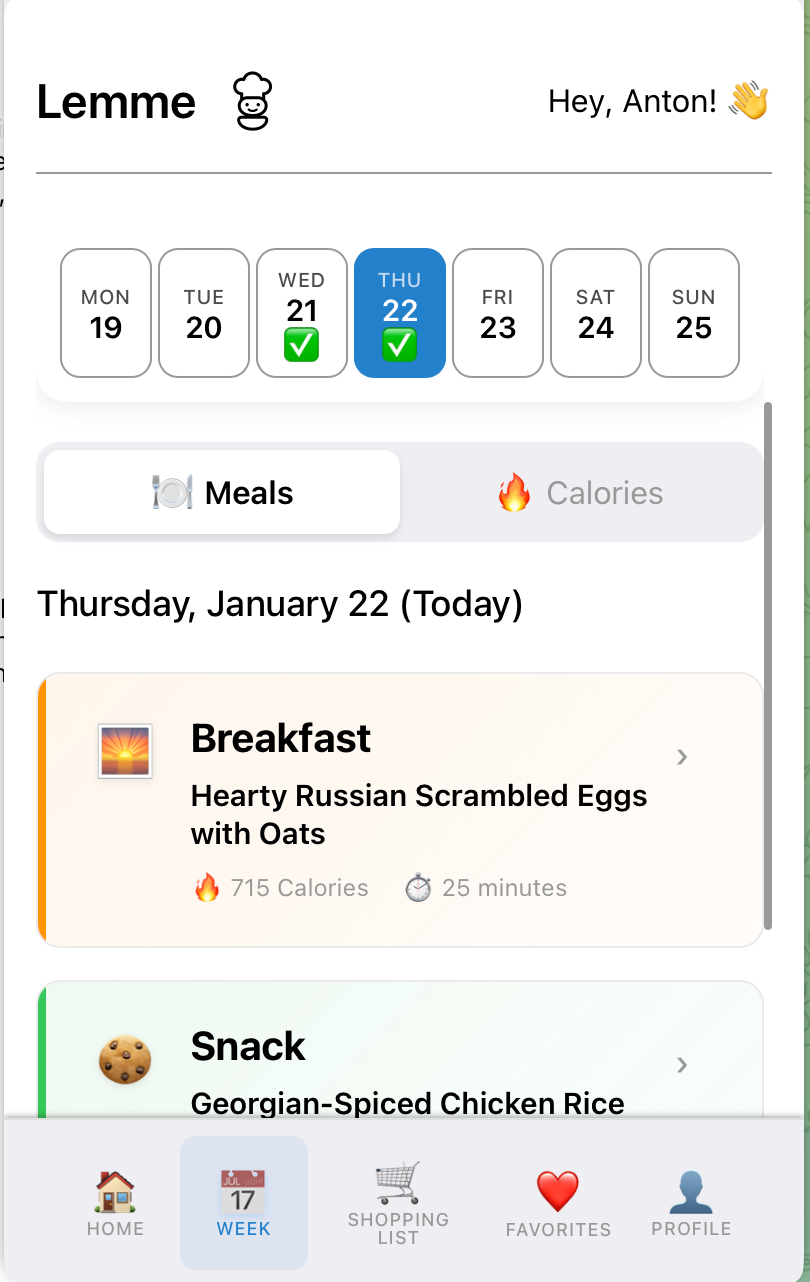 Weekly Meal Plan Screenshot
